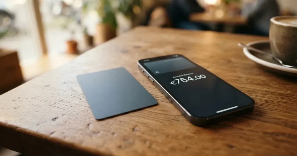 A payment card next to a phone with a crypto wallet app open
