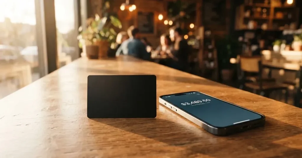 A payment card next to a phone with a crypto wallet app open