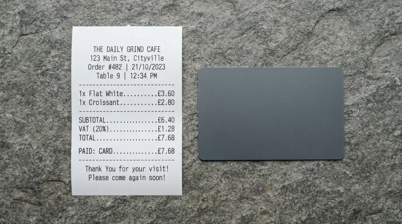 A receipt and a card on a café table