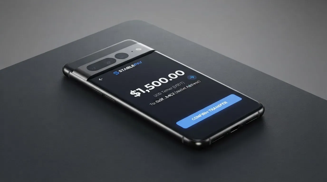 A phone showing a stablecoin transfer screen