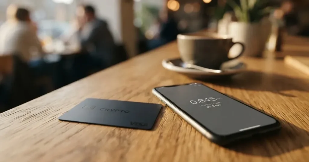 A payment card next to a phone with a crypto wallet app open