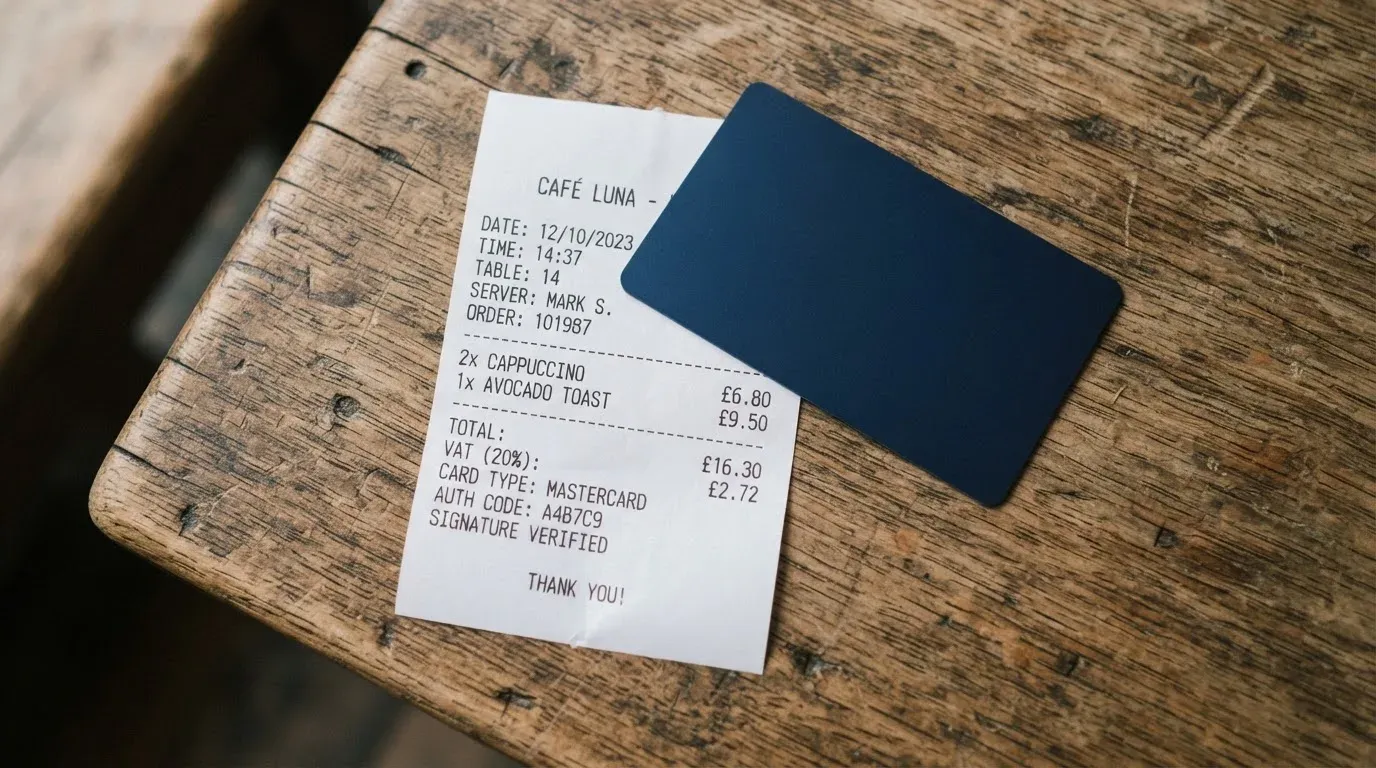 A receipt and a card on a café table