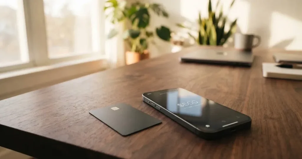 A payment card next to a phone with a crypto wallet app open