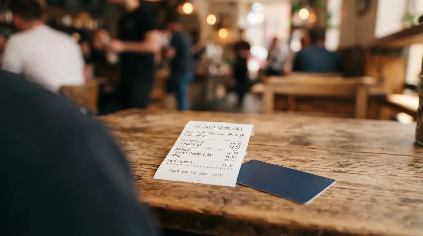 A receipt and a card on a café table