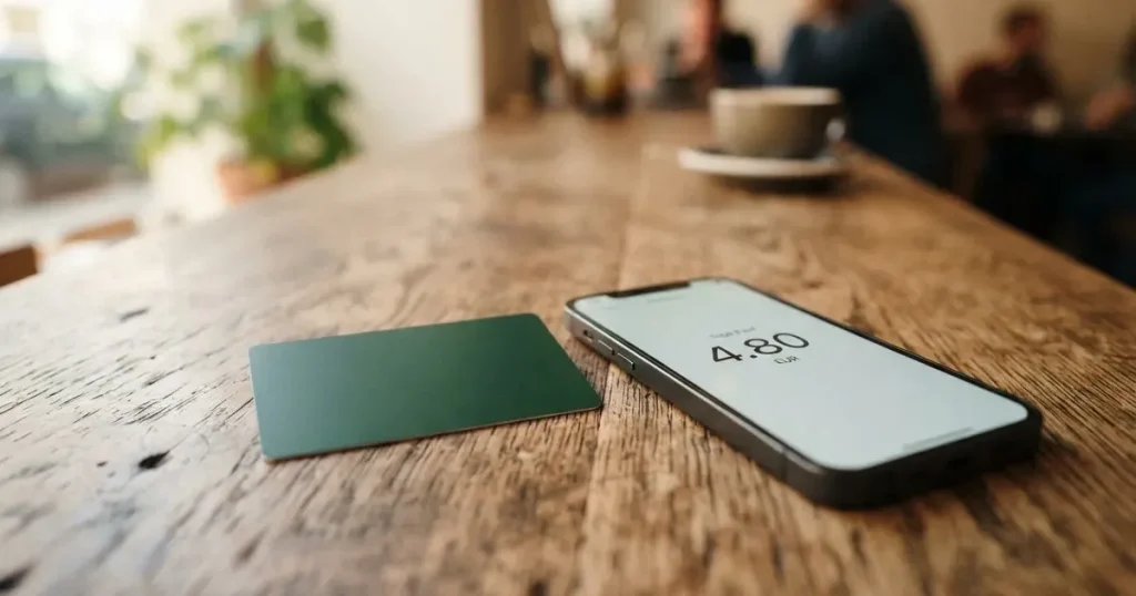 A payment card next to a phone with a crypto wallet app open