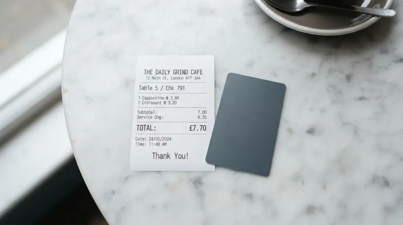 A receipt and a card on a café table