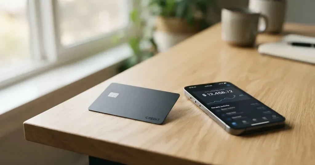 A payment card next to a phone with a crypto wallet app open