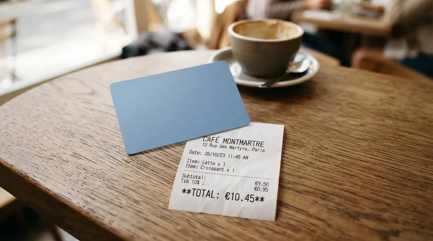 A receipt and a card on a café table