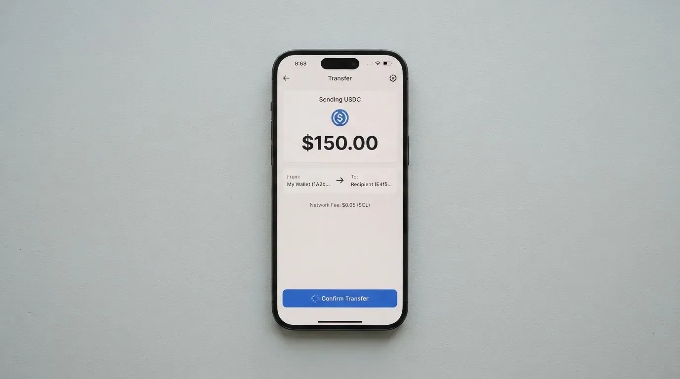 A phone showing a stablecoin transfer screen
