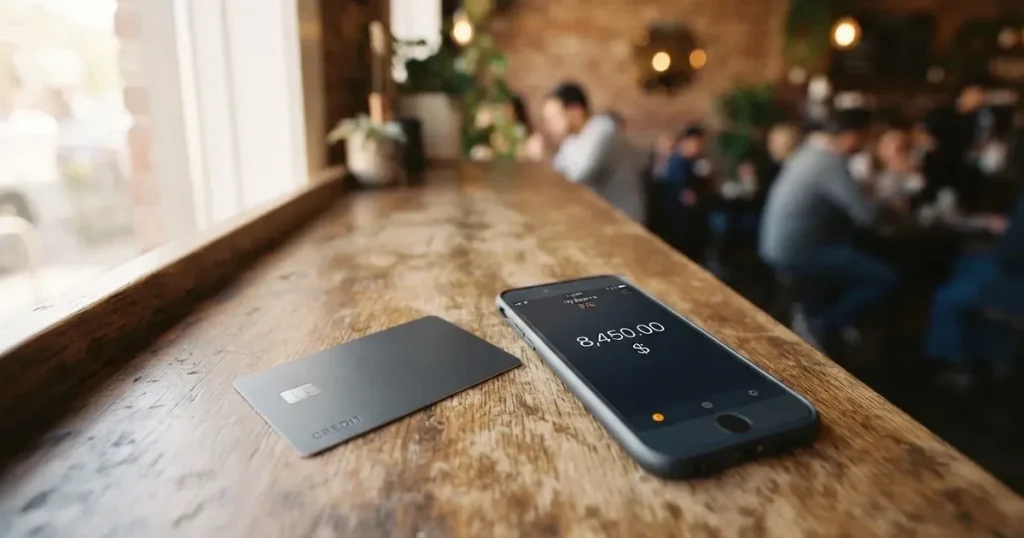 A payment card next to a phone with a crypto wallet app open