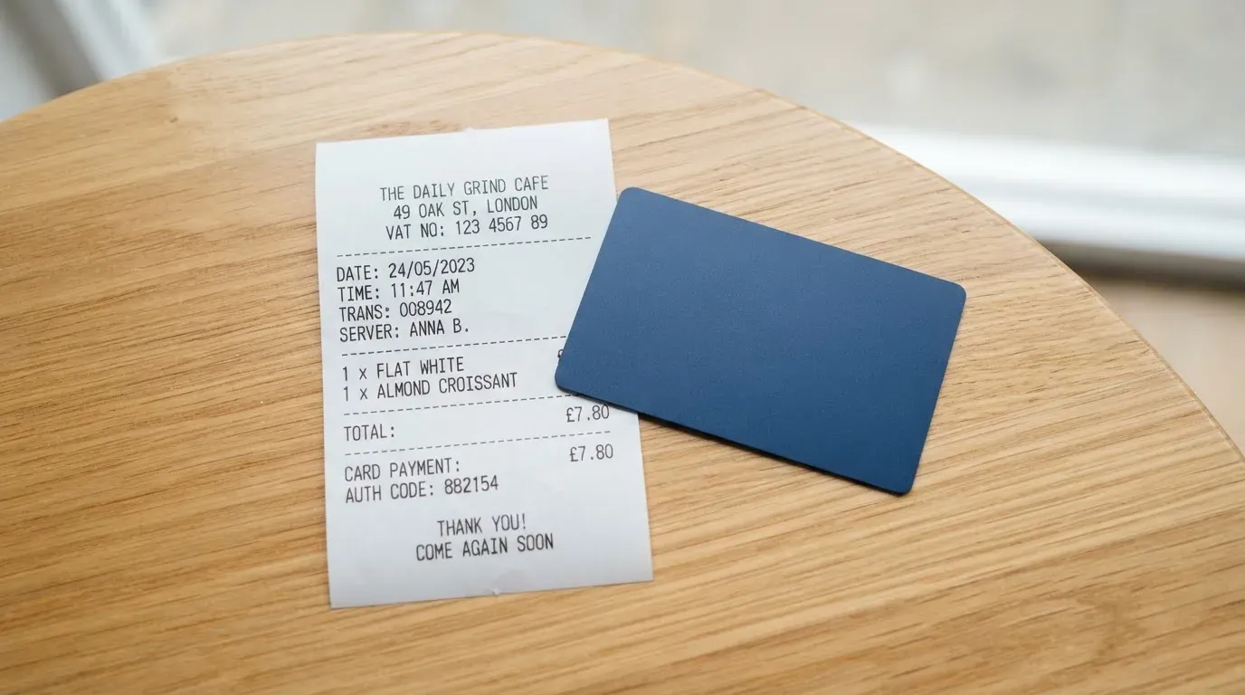A receipt and a card on a café table