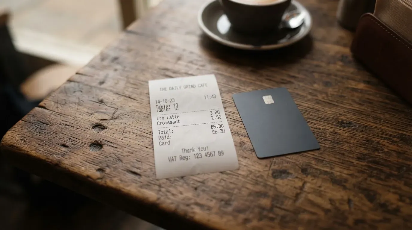 A receipt and a card on a café table