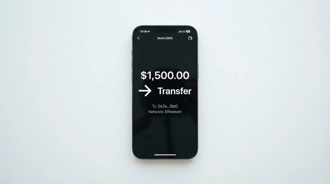 A phone showing a stablecoin transfer screen