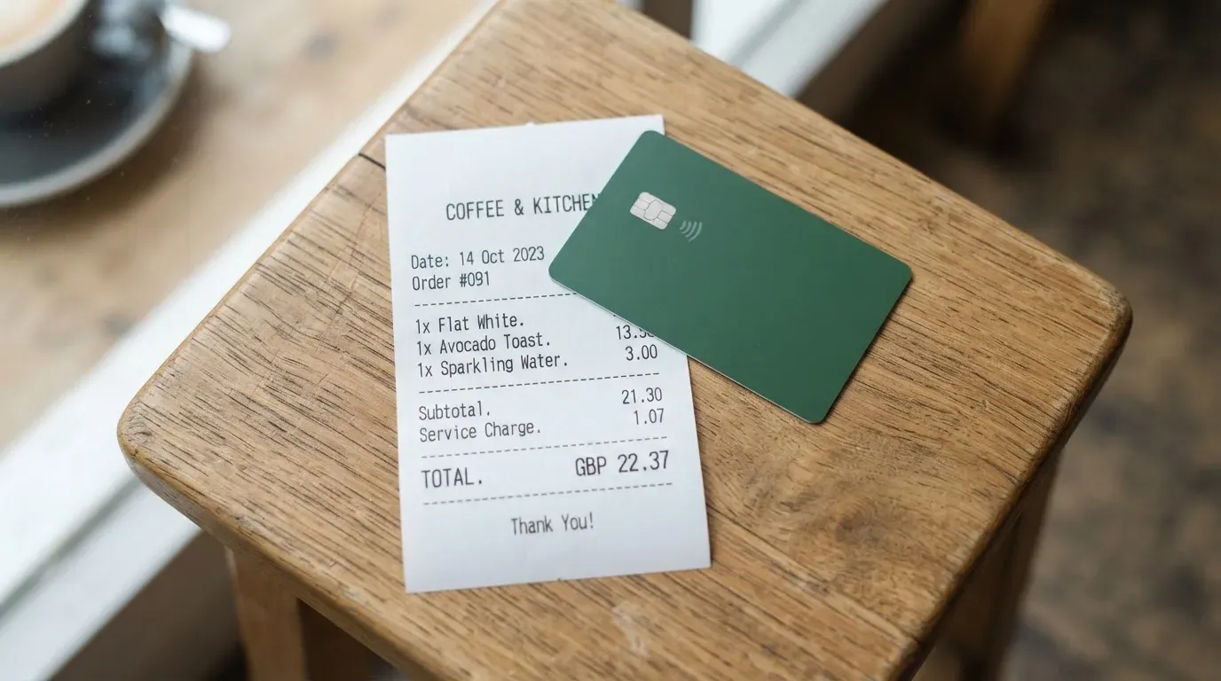 A receipt and a card on a café table
