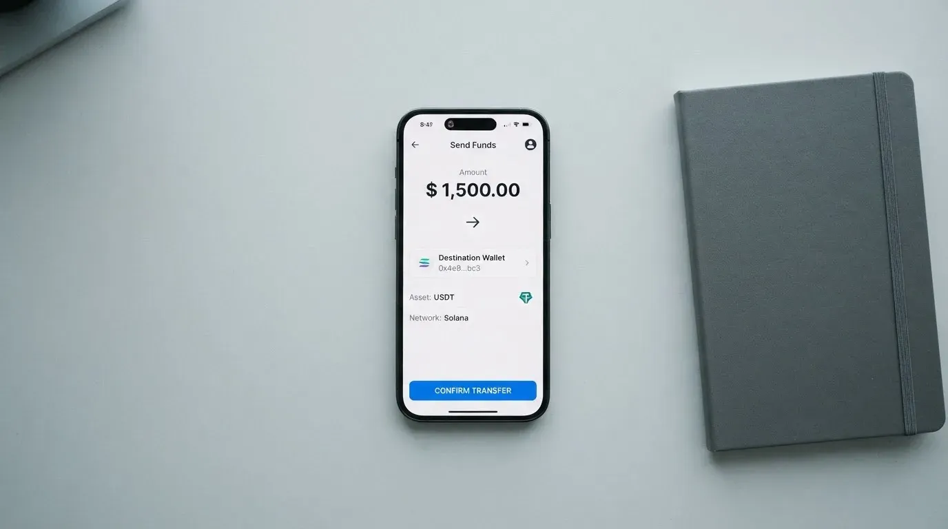 A phone showing a stablecoin transfer screen