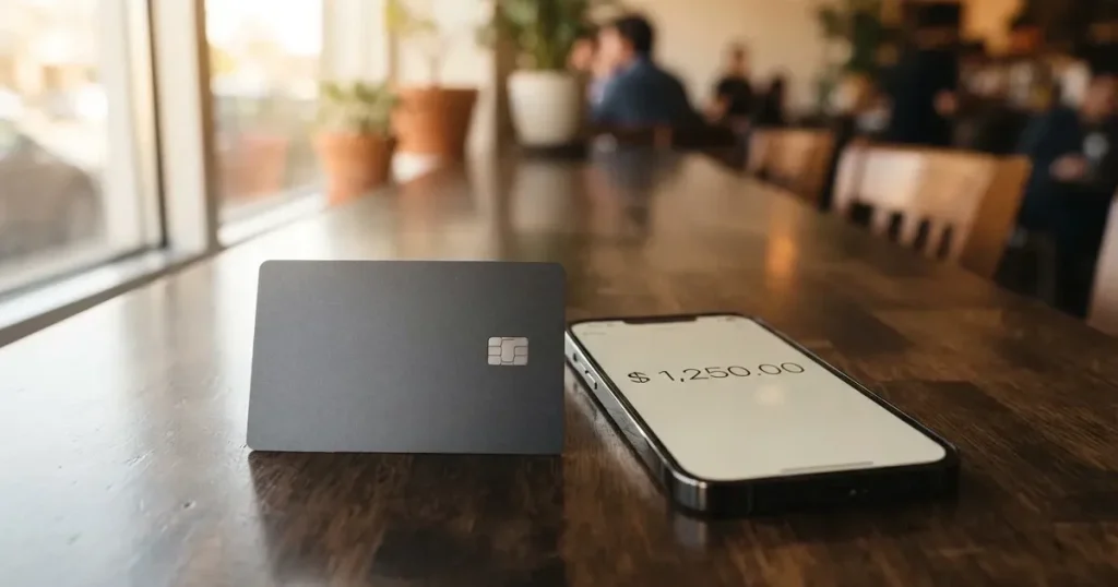 A payment card next to a phone with a crypto wallet app open