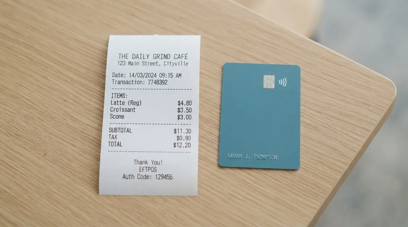 A receipt and a card on a café table