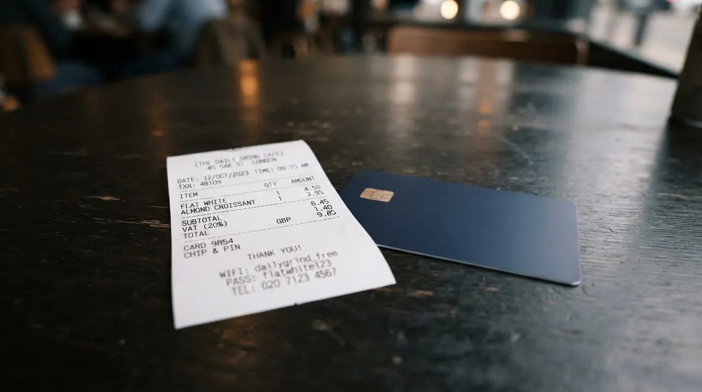 A receipt and a card on a café table