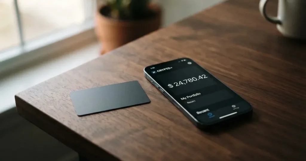 A payment card next to a phone with a crypto wallet app open