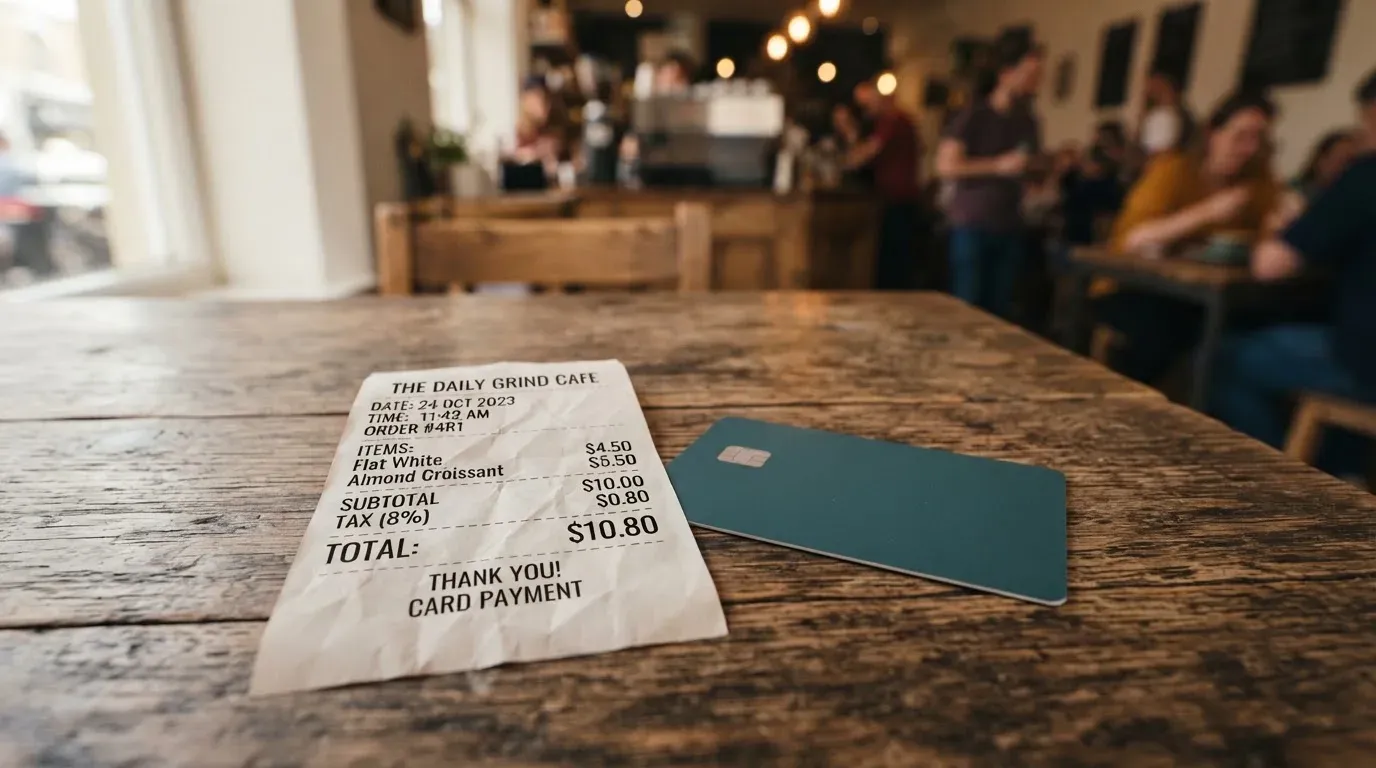 A receipt and a card on a café table