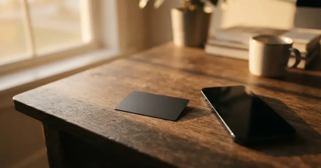 A payment card next to a phone with a crypto wallet app open