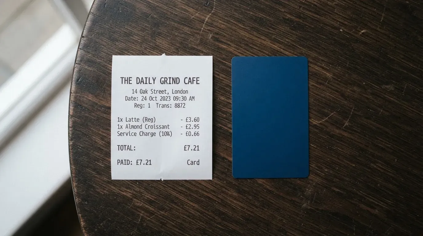 A receipt and a card on a café table