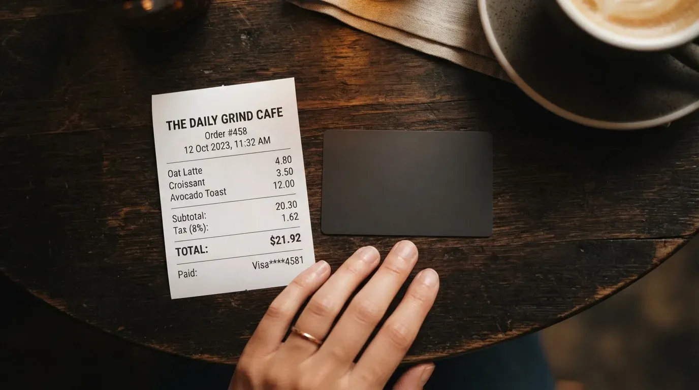 A receipt and a card on a café table