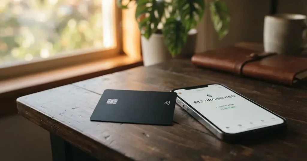 A payment card next to a phone with a crypto wallet app open