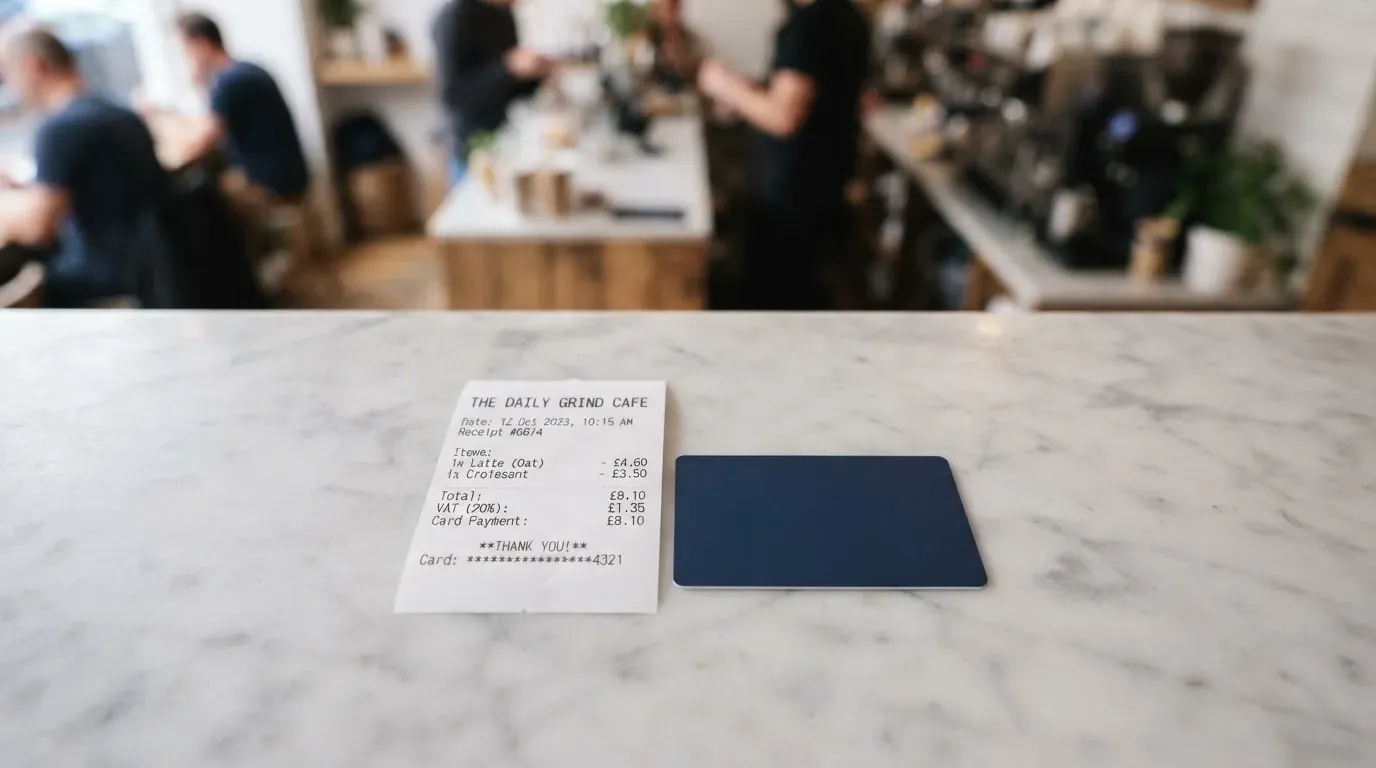 A receipt and a card on a café table