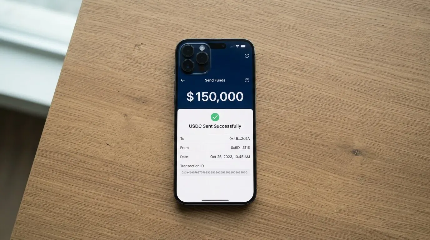 A phone showing a stablecoin transfer screen