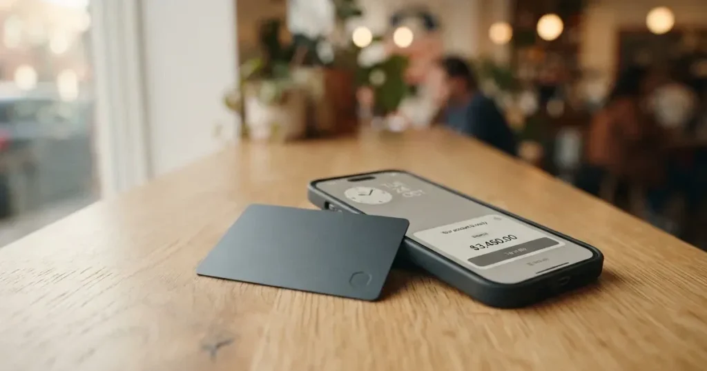 A payment card next to a phone with a crypto wallet app open