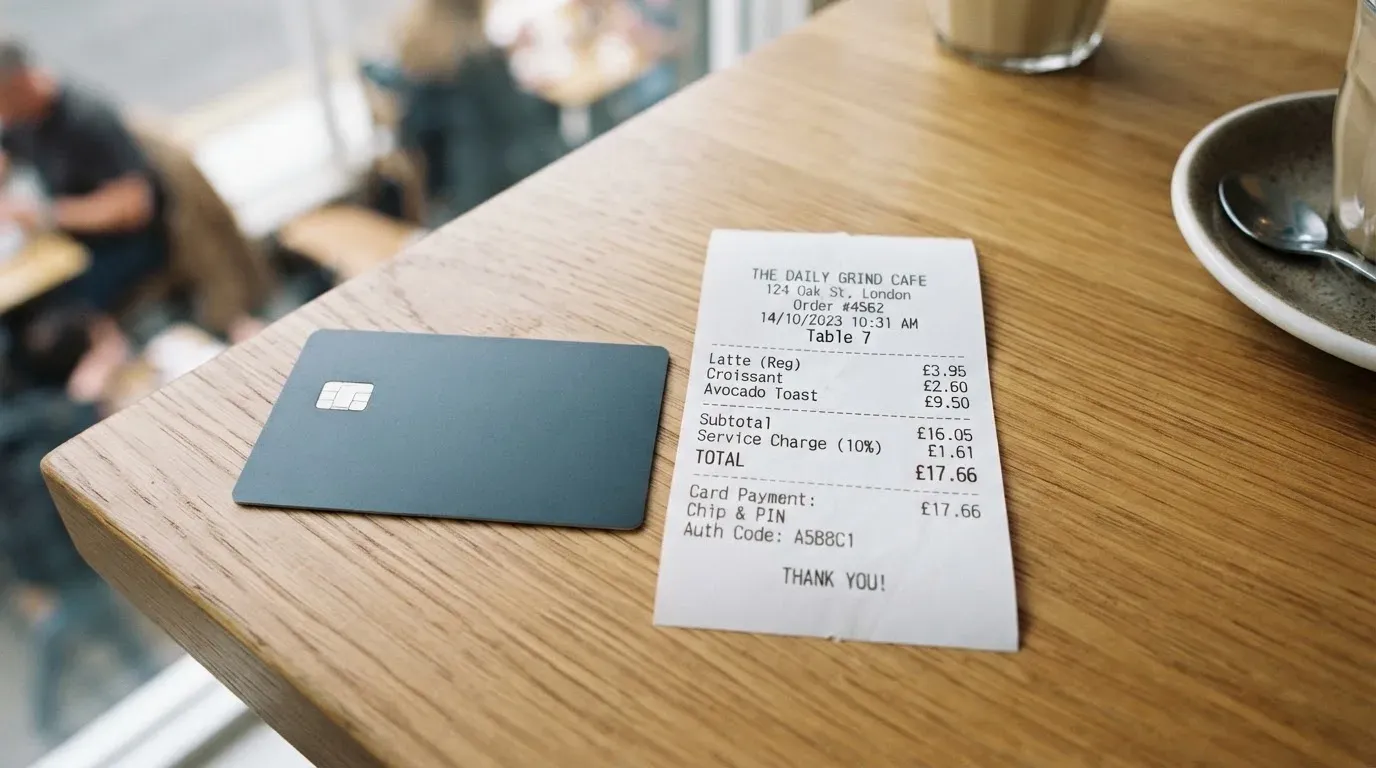 A receipt and a card on a café table