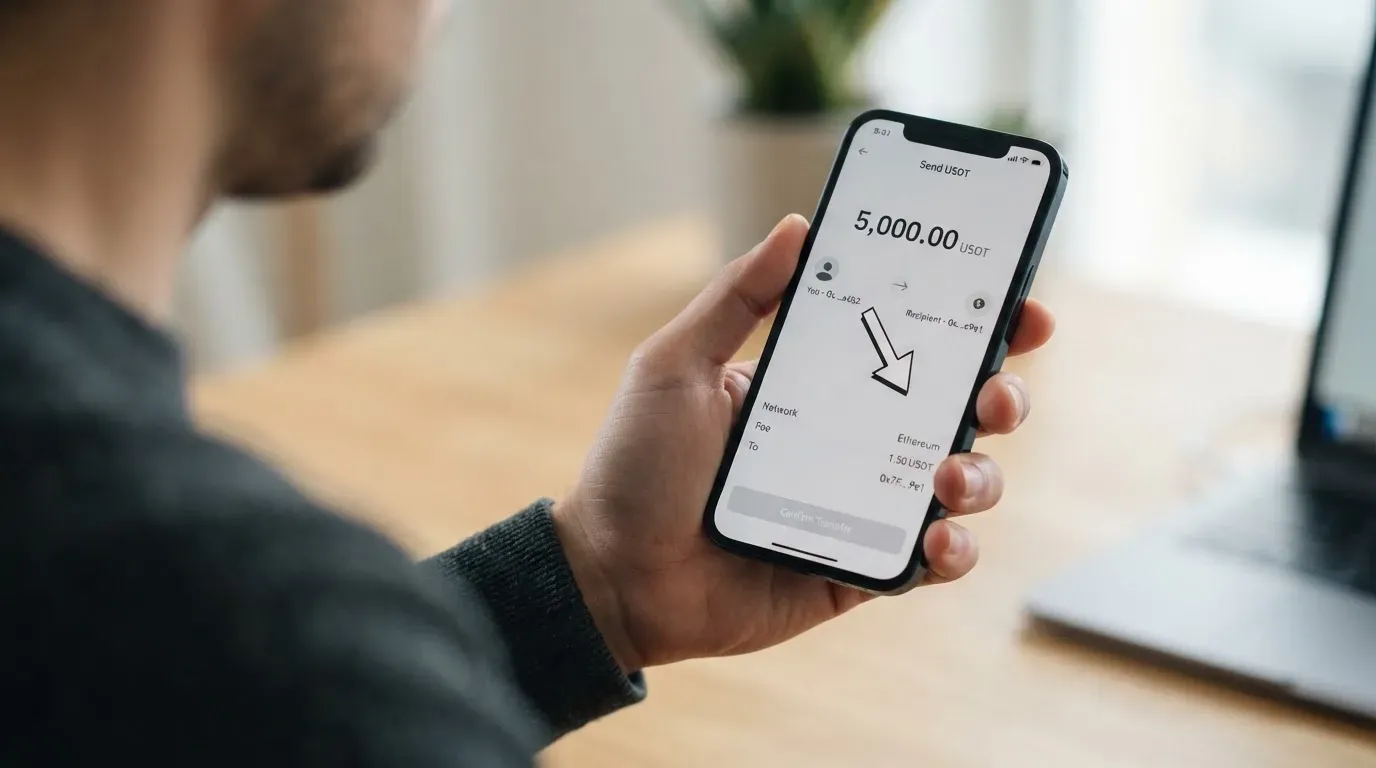 A phone showing a stablecoin transfer screen