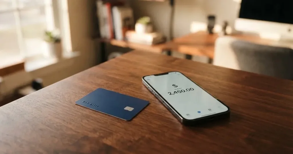 A payment card next to a phone with a crypto wallet app open