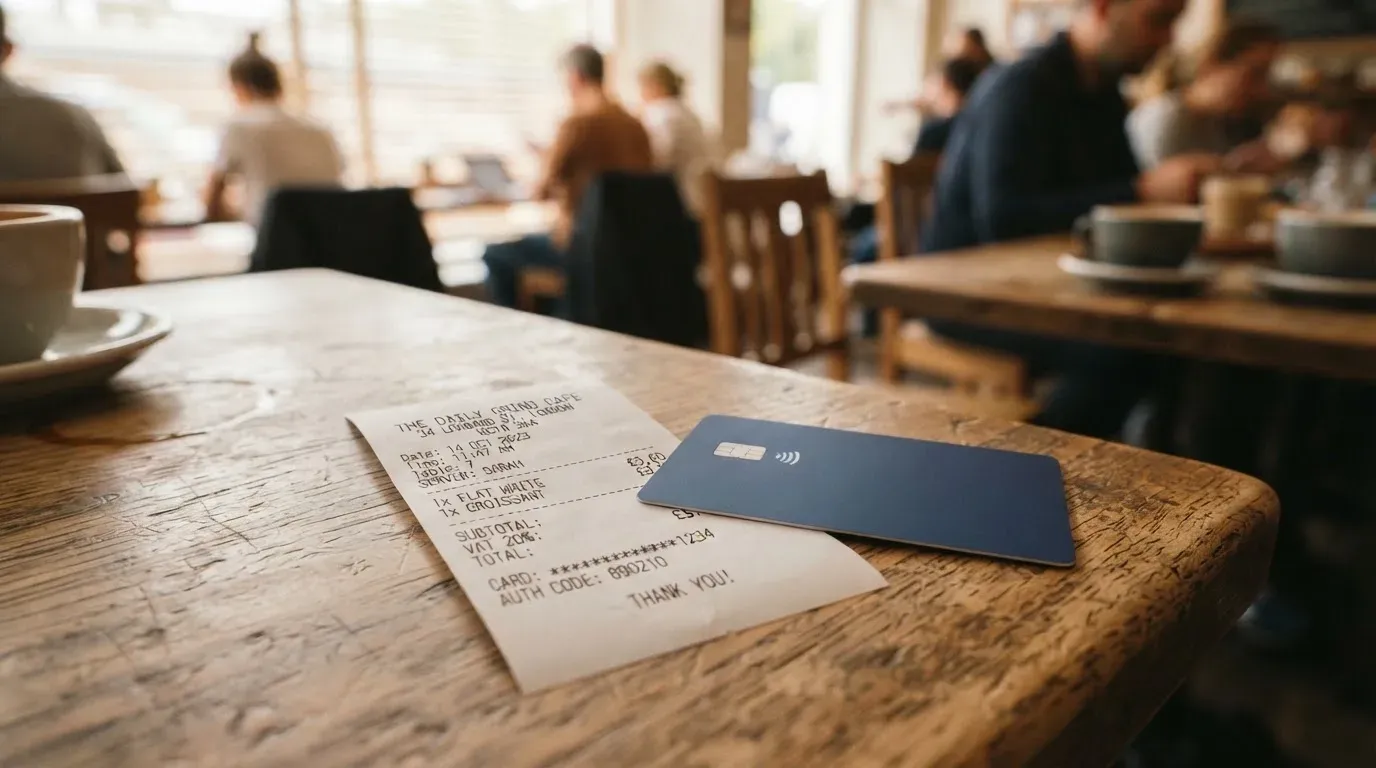 A receipt and a card on a café table