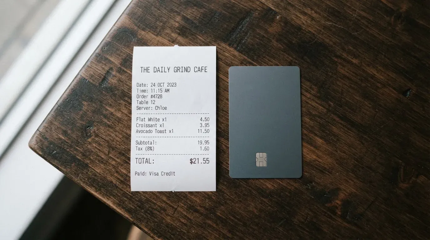 A receipt and a card on a café table