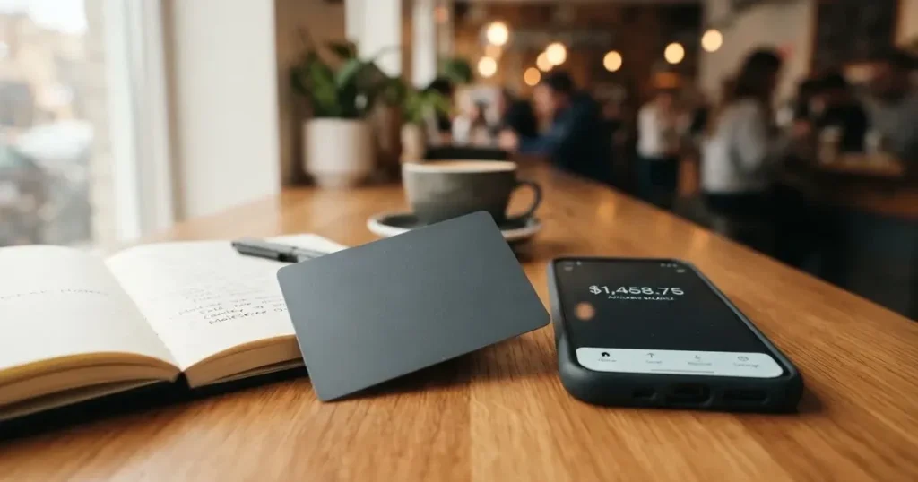 A payment card next to a phone with a crypto wallet app open