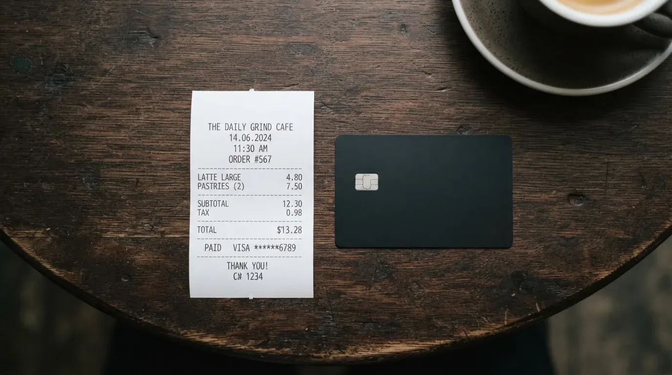 A receipt and a card on a café table