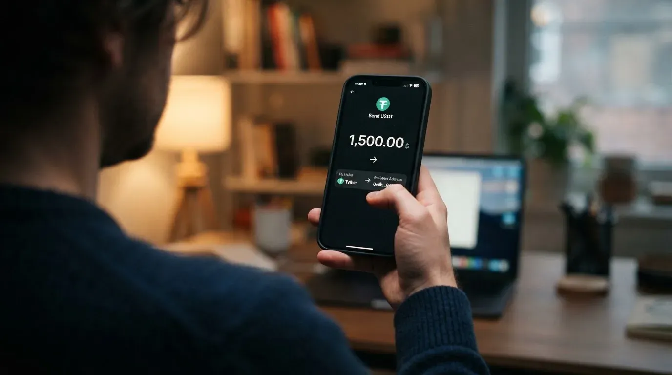 A phone showing a stablecoin transfer screen