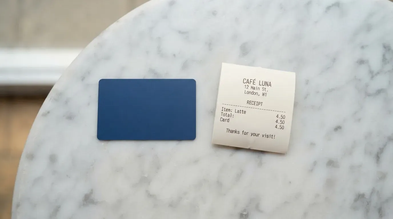 A receipt and a card on a café table