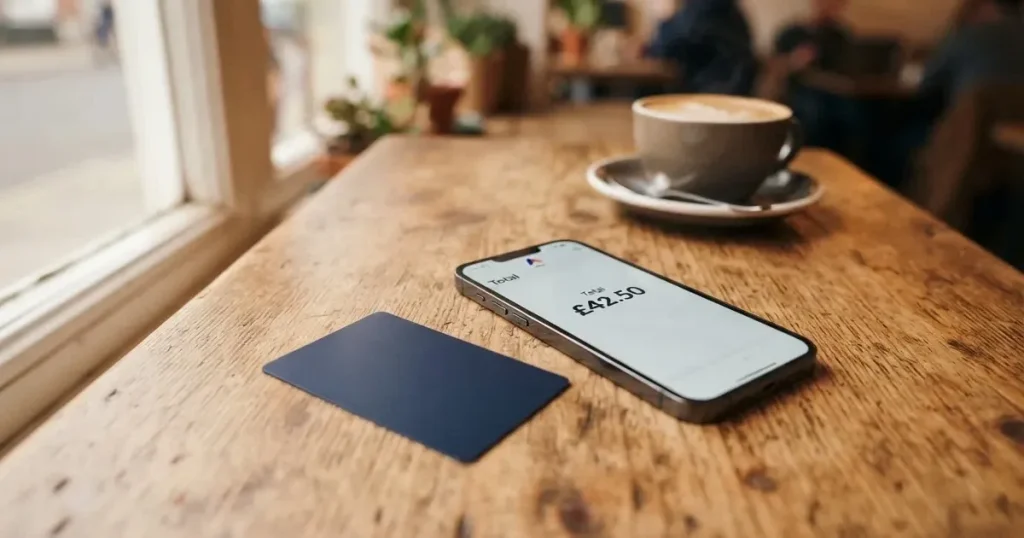 A payment card next to a phone with a crypto wallet app open