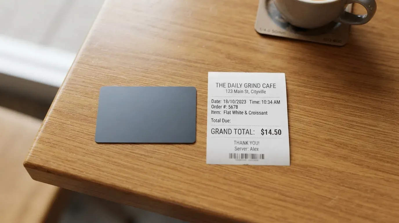 A receipt and a card on a café table