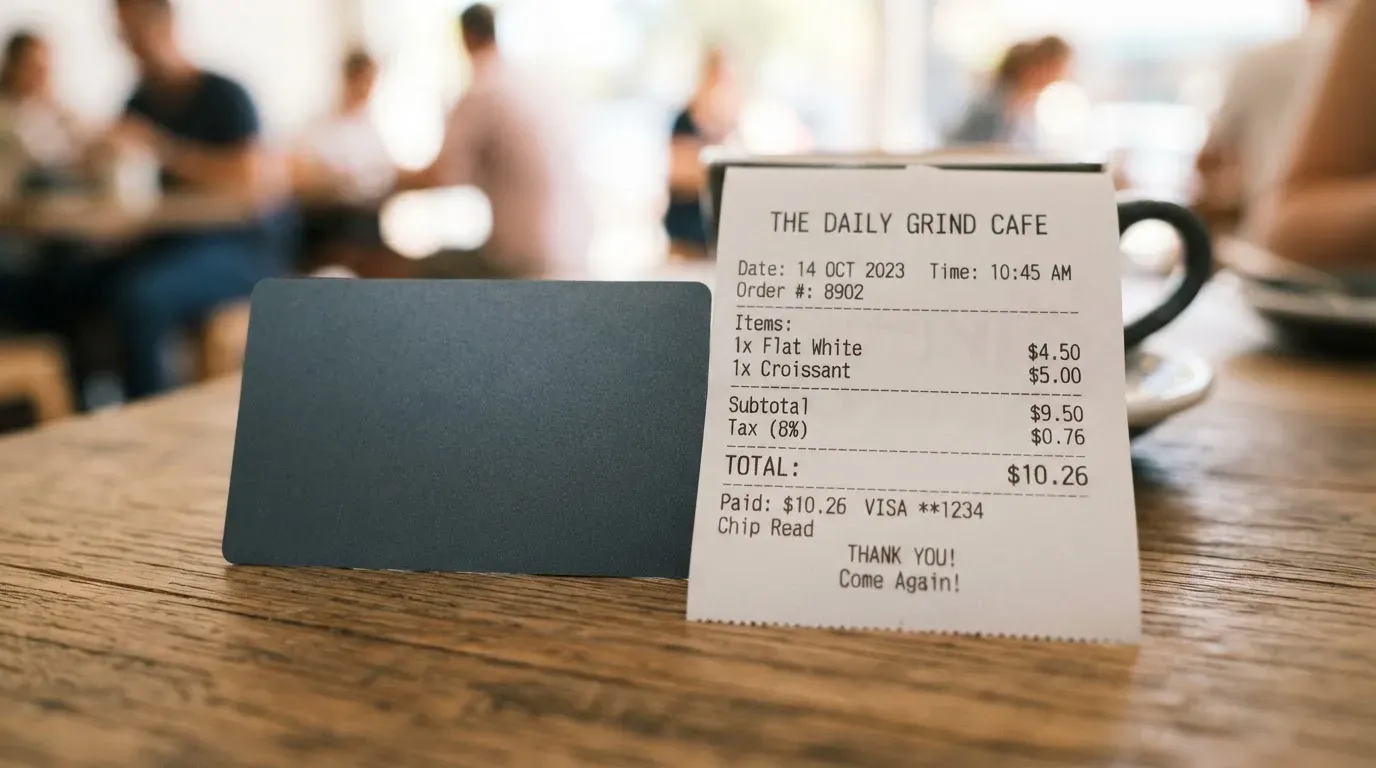 A receipt and a card on a café table