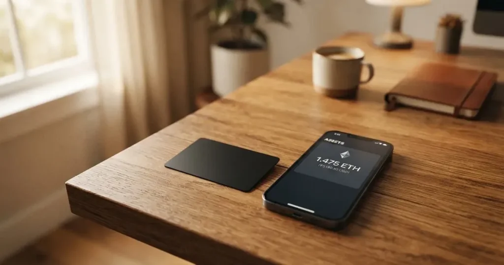 A payment card next to a phone with a crypto wallet app open