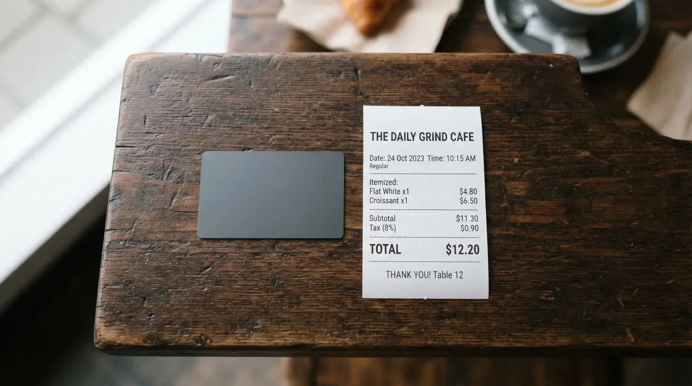 A receipt and a card on a café table