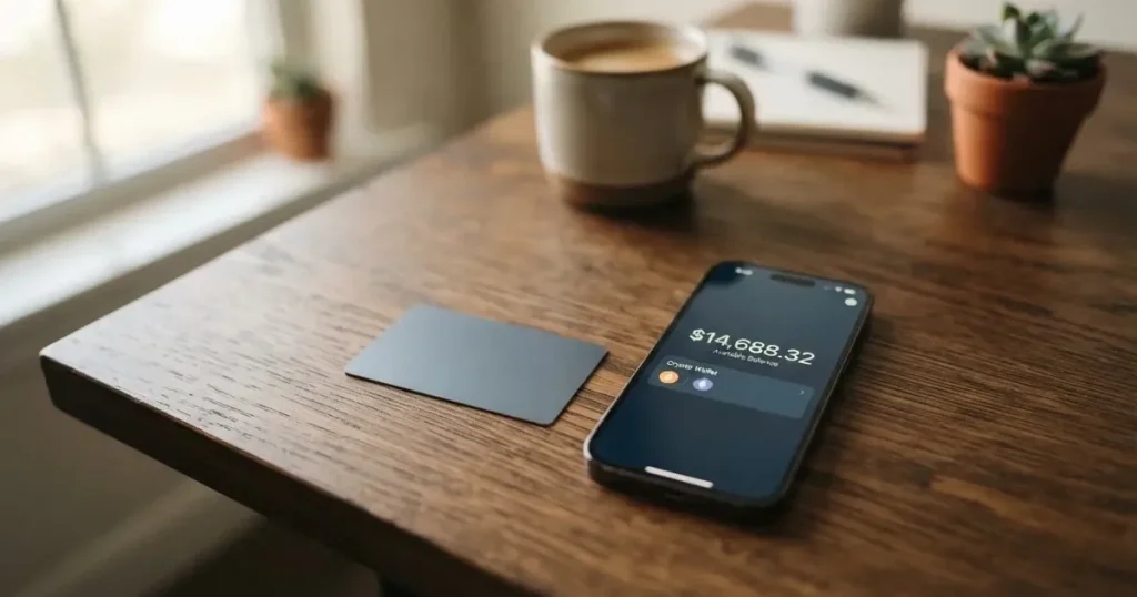 A payment card next to a phone with a crypto wallet app open