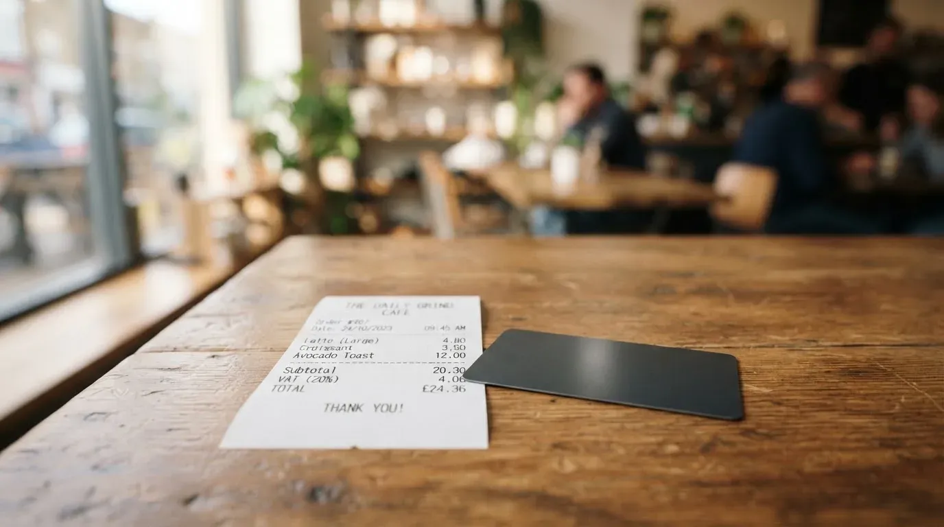 A receipt and a card on a café table