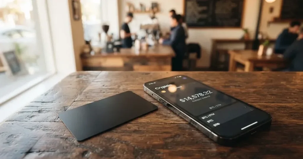 A payment card next to a phone with a crypto wallet app open