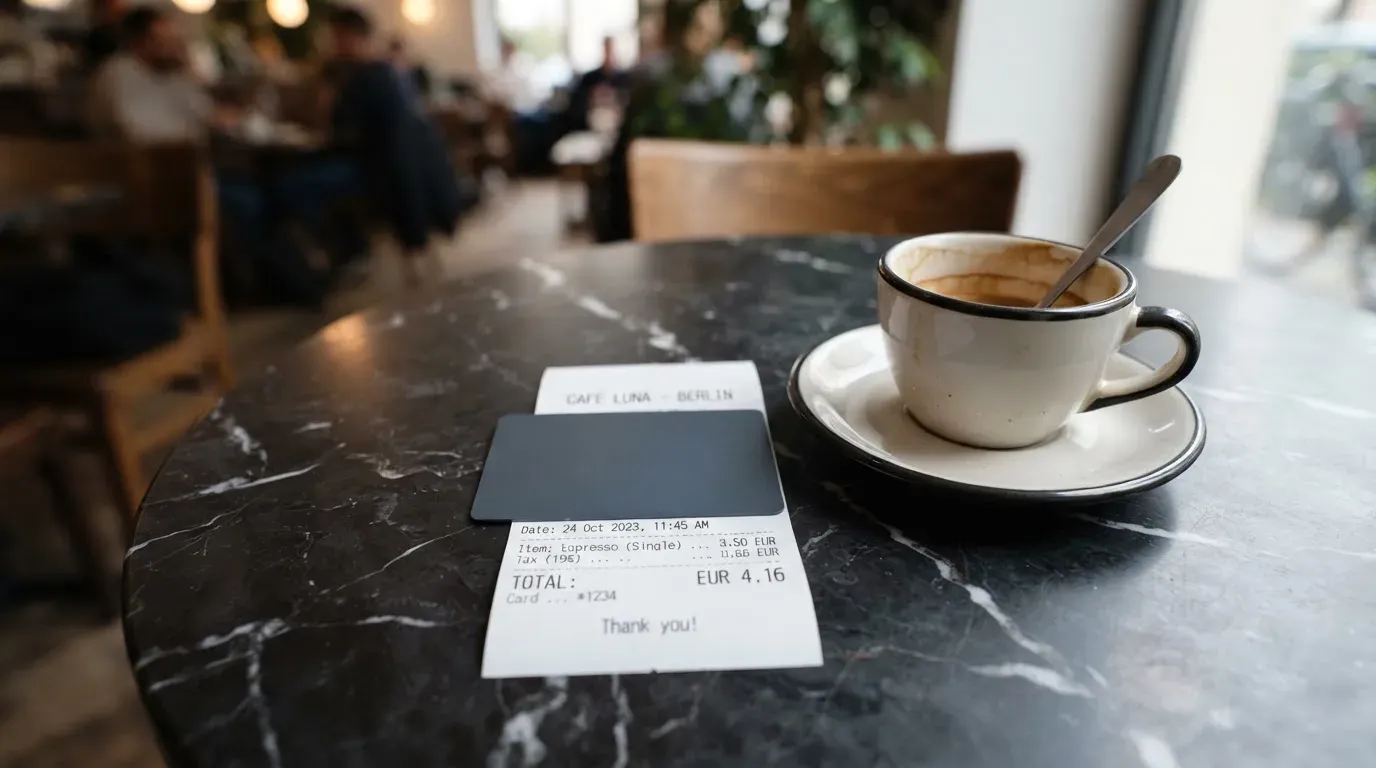 A receipt and a card on a café table