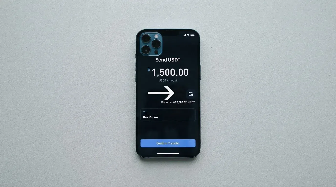 A phone showing a stablecoin transfer screen